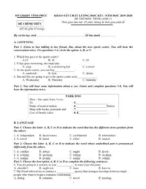 Đề khảo sát chất lượng học kỳ I môn tiếng Anh Lớp 11 - Năm học 2019-2020 - Sở giáo dục và đào tạo Vĩnh Phúc